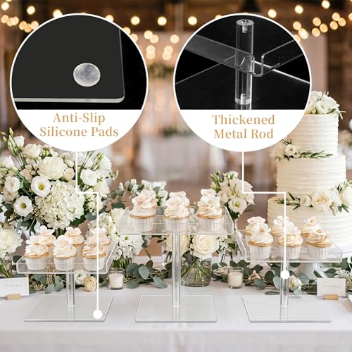 3 Pcs Clear Acrylic Dessert Stand Set, 3 Sizes Cupcake Display Stands for Wedding Birthday Party, Treats Buffet Risers for Cupcakes Cake Pastry Food