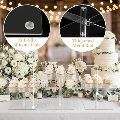 3 Pcs Clear Acrylic Dessert Stand Set, 3 Sizes Cupcake Display Stands for Wedding Birthday Party, Treats Buffet Risers for Cupcakes Cake Pastry Food