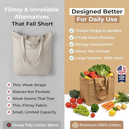 VeraMia Canvas Grocery Bag 3pc XL Set with Real Pockets, Long Shoulder Strap and Short Handle. Heavy Duty, Foldable, Washable - color: Paper Bag