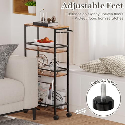 Narrow Storage Cart with Wheels, 4-Tier Narrow Kitchen Carts Slim Rolling Cart, Skinny Storage Cart, Snack Cart Slim Laundry Carts with Handle for Livingroom, Diningroom, Office（Rustic Brown, Black） - size: 7.3"D x 16.7"W x 34.3"H