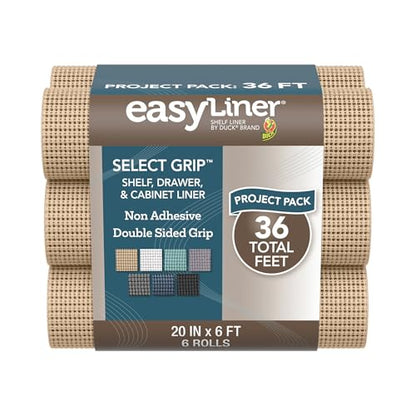 EasyLiner Select Grip Shelf Liner - Easy to Install & Cut to Fit - Non Slip, Non Adhesive, Drawer Shelf & Cabinet Liner for Kitchen, Bathroom, Pantry Cupboards -, 12 in x 10 ft (6 Rolls), 60 ft, Beige - color: Taupe, size: 20-Inch x 6 Feet (Pack of 6)