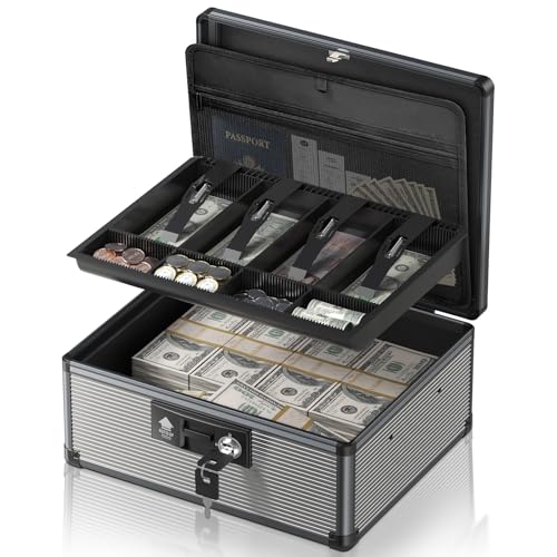 Locking Cash Box with Money Tray and Key, Secure Money Safe Box for Cash, Portable Money Box with 2 Storage Spaces and Removeable Storage Bag, Money Saving Organizer (Black, XX-Large) - size: XX-Large
