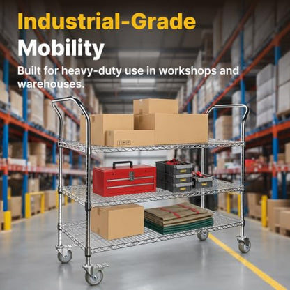 Northsky 3-Shelf Wire Utility Cart on Wheels, Chrome Finish Rolling Metal Shelving with Wheels, 550lb Capacity, 47" x 18" x 44.1", 3 Tier Rolling Cart for Kitchen Bar Storage Use - size: 47