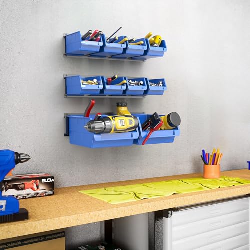 WALMANN Wall Mounted Storage Bins for Small Parts, 10 Bins with 3 Rails - color: Blue