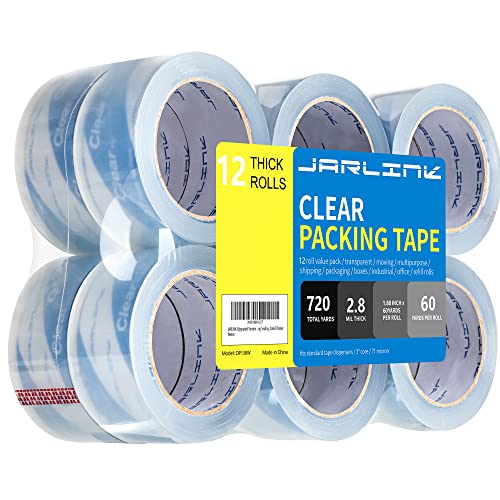 JARLINK Clearer Packing Tape 12 Rolls, Heavy Duty Packaging Tape for Shipping Packaging Moving Sealing, 2.8mil Thicker, 1.88 inches Wide, 60 Yards Per Roll, 720 Total Yards - size: 1.88in x 60yd, 2.8mil Thickness