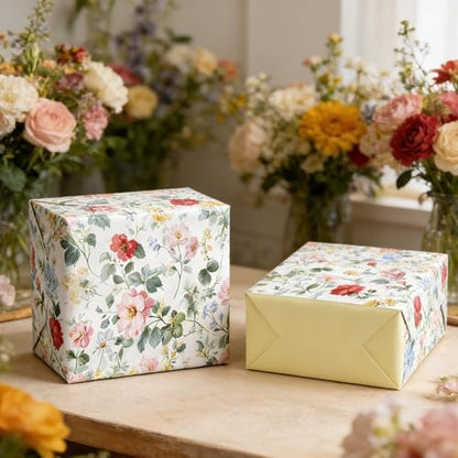Cuitpan Reversible Floral Wrapping Paper Roll – Red & Pink Wildflowers, Light Green on Back Side, Gift Wrap for Wedding, Bridal Shower, Anniversary, Mother's Day, Birthday, 17 Inches x 16.5 Feet - color: Red/Pink -Wildflower