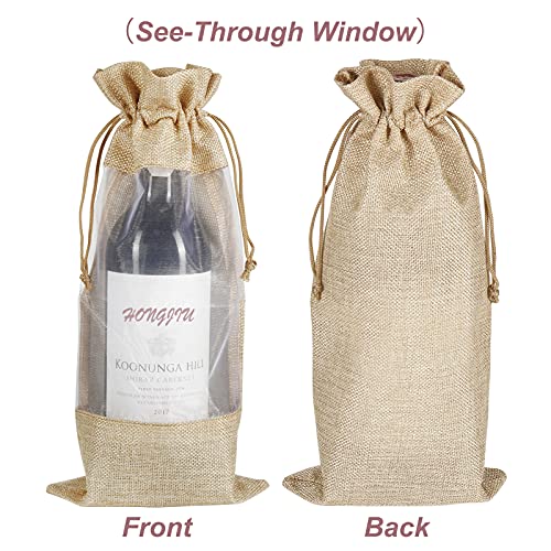 Shintop Wine Gift Bags, 10pcs Drawstring Bottle Bags with Sheer Window - color: Brown, size: 14 x 6.3 Inches (Pack of 10)