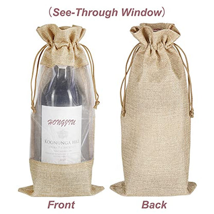 Shintop Wine Gift Bags, 10pcs Drawstring Bottle Bags with Sheer Window - color: Brown, size: 14 x 6.3 Inches (Pack of 10)