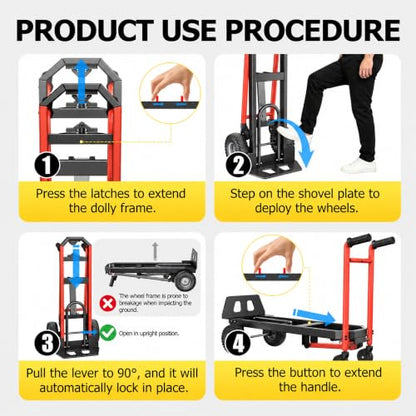 4 in 1 Folding Hand Truck, 1000lbs Capacity Dolly Cart Industrial Convertible Heavy Duty with Retractable Handle and 4 Rubber Wheels, Collapsible Cart for Moving Home, Warehouse, Black-Red - color: Black Red-1000