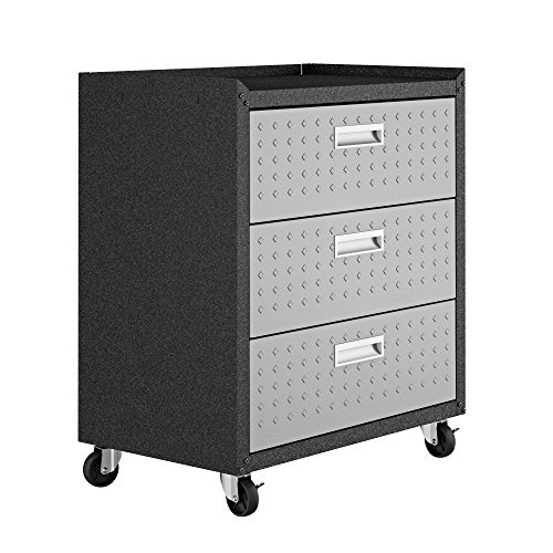 Manhattan Comfort Fortress Collection Convenient Durable Mobile Garage Chest Great for Tools and Supplies, Dark Charcoal Gray/Silver - color: Black/Grey, style: 3-Drawer
