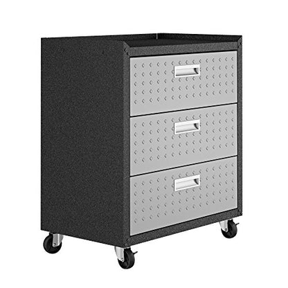Manhattan Comfort Fortress Collection Convenient Durable Mobile Garage Chest Great for Tools and Supplies, Dark Charcoal Gray/Silver - color: Black/Grey, style: 3-Drawer
