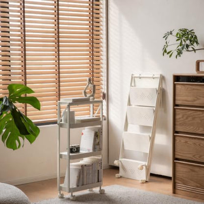 4 Tier Foldable Rolling Cart, Collapsible Storage Cart with Wheels - color: White, size: 3 Tier with Wooden Top
