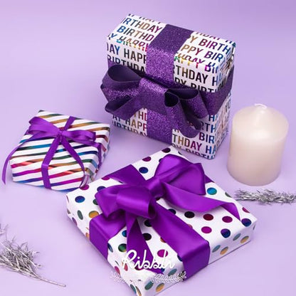 Ribbli Birthday Wrapping Paper Iridescent Gift Wrapping Paper Mini Roll, 3 Rolls Happy Birthday Polka Dots Stripes Printed Assortment - 17 inch x 120 inch(10feet) Per Roll - color: Iridescent