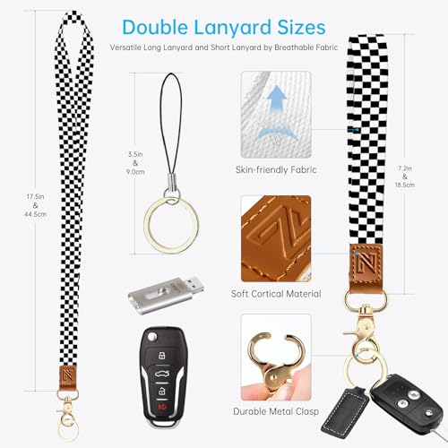 2-in-1 ID Badge Holder & Lanyard Wallet， Cute Zippered Pouch Checkered - color: Black and White Checkered