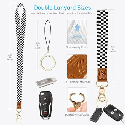 2-in-1 ID Badge Holder & Lanyard Wallet， Cute Zippered Pouch Checkered - color: Black and White Checkered