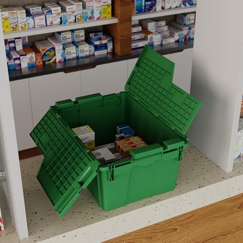6 Pack Green Attached Lid Tote Box 22 x 16 x 13 Inch, Stackable Plastic Storage Container with Hinged Lids, Heavy Duty Nestable Moving and Shipping Bin for Warehouse, Garage, Kitchen and Logistics Use - color: Green