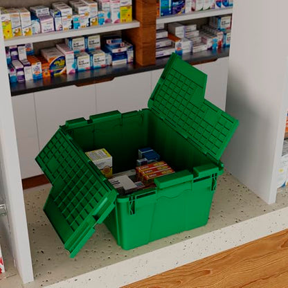 6 Pack Green Attached Lid Tote Box 22 x 16 x 13 Inch, Stackable Plastic Storage Container with Hinged Lids, Heavy Duty Nestable Moving and Shipping Bin for Warehouse, Garage, Kitchen and Logistics Use - color: Green