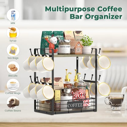 EsLuker.ly Coffee Mug Cup Holder Tree Bar Station Organizer, 2 Tier Grey Oak - color: Grey Oak + Black