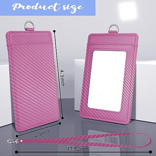Carbon Fiber Work ID Card Holder with Lanyard,Pink - color: Pink