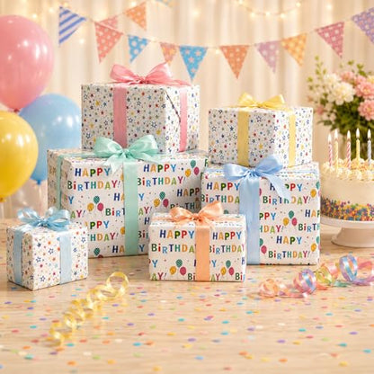 Ulmasinn Birthday Wrapping Paper Roll, Reversible Happy Birthday & Colorful Stars Design, Thick 80gsm Gift Wrap Paper, 17" x 33' Mini Roll for Kids, Teens and Adults, Birthday Gifts, Toys, Books and Party Presents - color: Birthday white