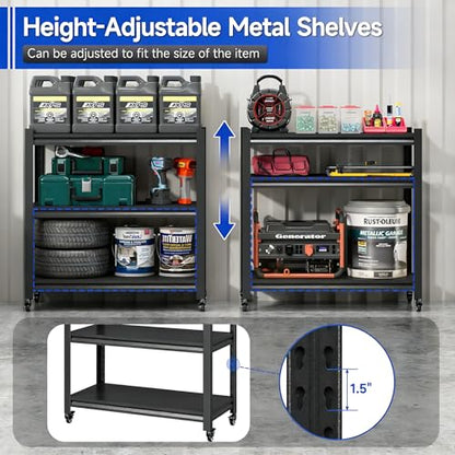 Storage Shelves with Wheels, Heavy Duty Metal Storage Shelving Unit, 3-Tier Adjustable Industrial Shelving Rack for Garage, Basement, Pantry (Black, 32" H × 34" W × 18" D)
