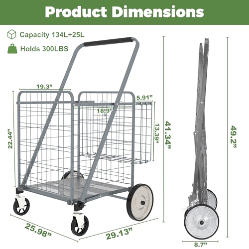 Heavy Duty Folding Shopping Cart for Groceries, Super Huge Grocery Carts - size: Super Huge-Grey 36Gal