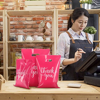 Eersida 200 Pcs Thank You Bags Plastic Bags with Handles Shopping Bag Pack - color: Pink