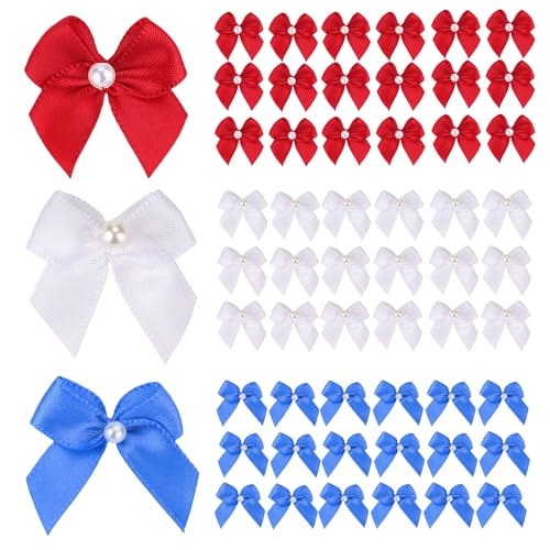 Meseey 60Pcs 2 Inch Mini Red White Blue Satin Ribbon Bows with Pearl, Pre-Tied Patriotic Small Flower Appliques for Sewing, Scrapbooking, Wedding, Gift Wrapping, 4th of July & DIY Crafts - color: Red/White/Blue