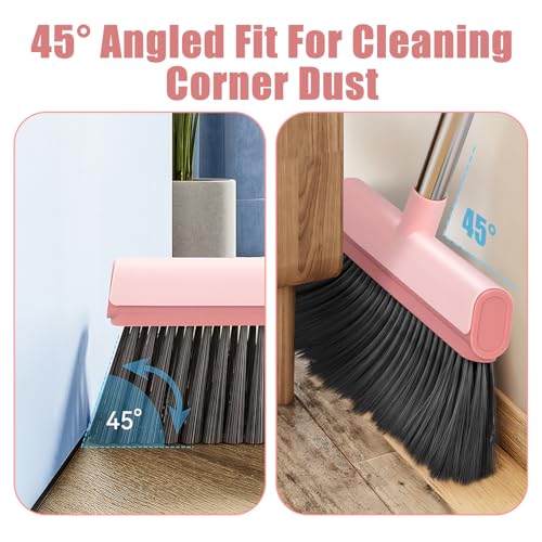 Broom and Dustpan Set with Dustpan Teeth SelfCleaning, Upright Stand Duspan and Brush with 53'' Long Adjustable Handle for Indoor&Outdoor Sweeping Home Office Floor Cleaning Broom with Dust pan-Pink