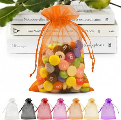 ANZNKU 50 PCS Organza Bags 5 x 7, Orange Small Mesh Gift Bags Drawstring - color: Orange
