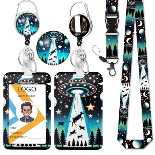 Funny UFO ID Badge Holder with Lanyard and Retractable Badge Reel - color: Ufo and Cow
