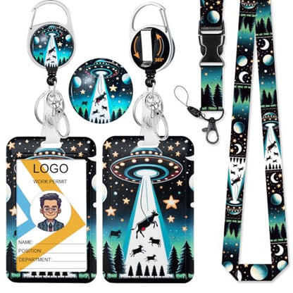 Funny UFO ID Badge Holder with Lanyard and Retractable Badge Reel - color: Ufo and Cow