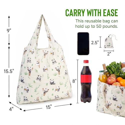 Stelle Lightweight Reusable Grocery Bag with Handles Ripstop Nylon Foldable Tote Shopping Bags for Travel and Groceries - color: Panda Friends