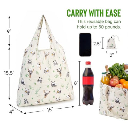 Stelle Lightweight Reusable Grocery Bag with Handles Ripstop Nylon Foldable Tote Shopping Bags for Travel and Groceries - color: Panda Friends