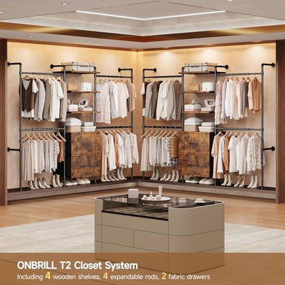 ONBRILL T3 Wall Mounted Industrial Pipe Closet Organizers Storage System - color: Rustic Brown