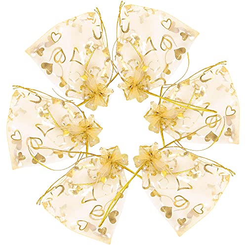 Stratalife 4"x6" Heart Organza Bags with Drawstring, 100PCS - color: 50PCS Heart Gold 4x6