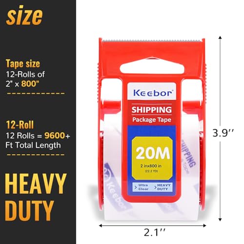 Keebor 12 Rolls Packaging Tape with Dispenser, Heavy Duty, Clear