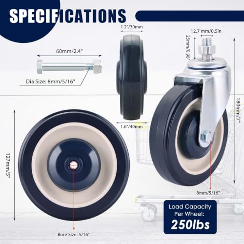 MAOPINER 4 Pack 5" Shopping Cart Wheels, PU Casters with Axle Bolts, Blue - color: Blue