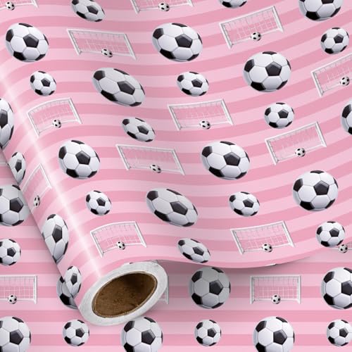RUSPEPA Soccer Wrapping Paper Roll, Mini Roll, Pink Football Ball & Goal Design Gift Wrap Paper for Girls, Kids, Sports Fans, Soccer Party, Team Celebration, Game Day, 17 Inches x 16.4 Feet - color: Pink Soccer