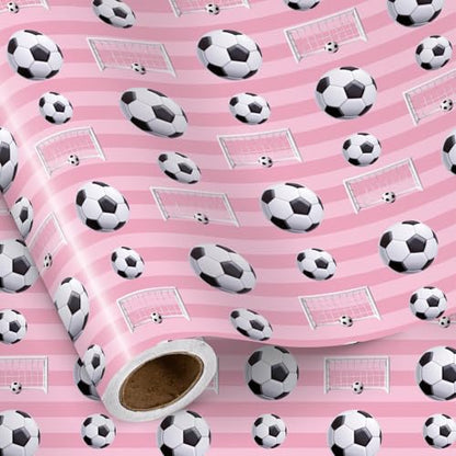 RUSPEPA Soccer Wrapping Paper Roll, Mini Roll, Pink Football Ball & Goal Design Gift Wrap Paper for Girls, Kids, Sports Fans, Soccer Party, Team Celebration, Game Day, 17 Inches x 16.4 Feet - color: Pink Soccer