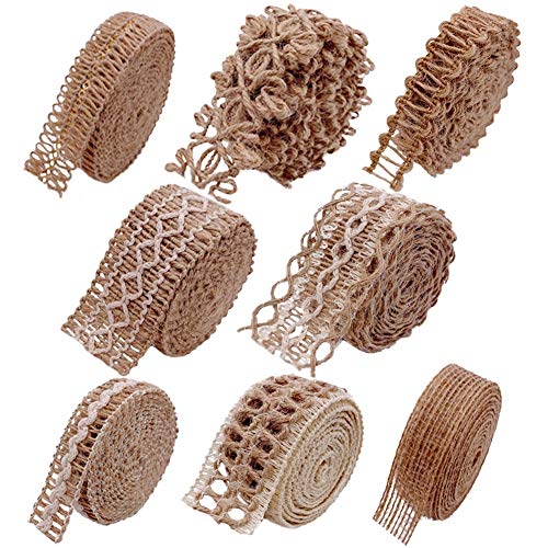 Burlap Ribbons,8 Rolls Burlap Lace Burlap Wedding Ribbon Natural Jute Rope Twine String for Crafts Gift Wrapping Wedding Party Home Decoration(17.6 Yards)