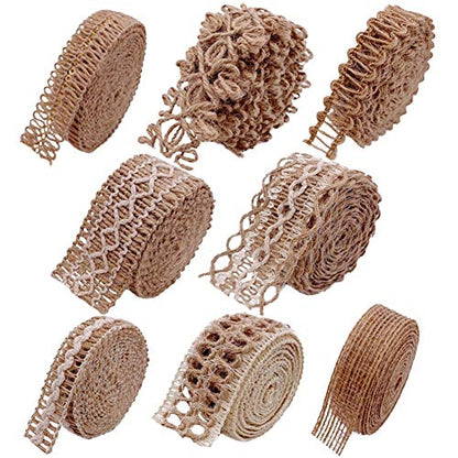 Burlap Ribbons,8 Rolls Burlap Lace Burlap Wedding Ribbon Natural Jute Rope Twine String for Crafts Gift Wrapping Wedding Party Home Decoration(17.6 Yards)