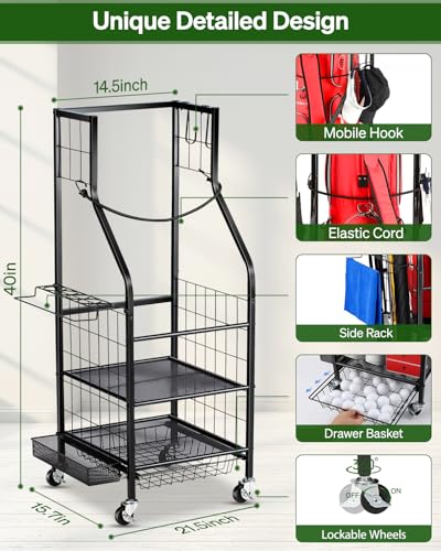 FHXZH Golf Bag Storage Garage Organizer - Golf Bag Stand with Wheels - color: Black - With Bottom Drawer Basket