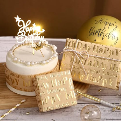 WRAPAHOLIC 30 Inch 3D Kraft Birthday Wrapping Paper Roll - 30 Inch x 16.5 Feet - Gold and Brown Happy Birthday Wrapping Paper with Embossed Perfect for Holiday, Party Celebration - color: Brown & Gold Happy Birthday, size: 30 inch x 16.5 feet