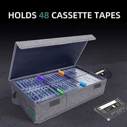 Cassette Tape Storage Box Pack of 3, Durable Cassette Tape Holder 16.34 x 9.25 x 3.54 Inch with Lids and Index Labels to Store 144 Cassette Cases - Gray - size: TAPE-3 Pack