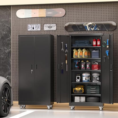 71 in. Garage Storage Cabinet with Wheels, 5 Shelves, Black - color: Black, size: 16"D x 32"W x 71"H
