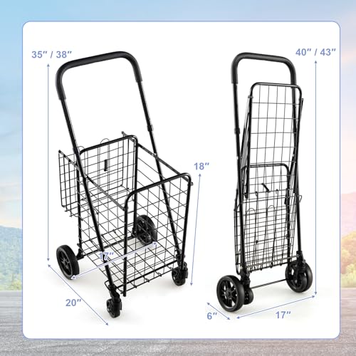 Goplus Folding Shopping Utility Cart, Double Basket and 360° Swivel Wheels, Adjustable Handle, Small Cart Perfect for Grocery Laundry Book Luggage Travel - color: Black