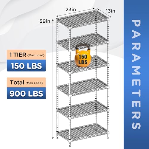 FDW | 6-Tier Wire Shelf | 23" x 13" x 59" | Chrome - color: Chrome, size: 6-Shelf No Wheels