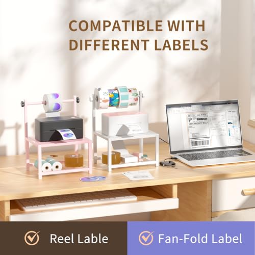 Label Holder for Rolls and Fan-Fold Labels, Sturdy Thermal Sticker Holder for Desktop Thermal Printer, Shipping Label Sticker Dispenser for Home, Office, and Small Businesses - color: Pink