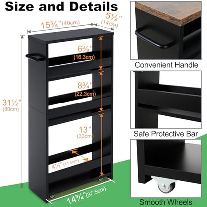 MARTY Slim Rolling Storage Cart, Wood Utility Kitchen Bathroom Laundry Cart - color: Black, size: 5.51"D x 15.75"W x 31.5"H